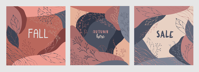 Set of abstract autumn backgrounds greeting cards and invitations. Banners with autumn hand drawn leaves and elements