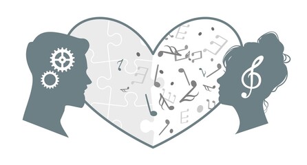 Love of different minds. Couple harmony relationship. Differences in interests of partners. Heads with gears or music notes. Creative and rational brains interaction. Vector illustration