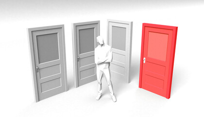 Set of closed doors with blue marked door and person. The ideas room. 3D illustration. Minimal.
