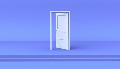 White door open on a pink background on some steps. 3D illustration. Minimal. Modern.