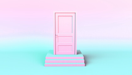 White door closed on a few steps. 3D illustration. Minimal. Modern.