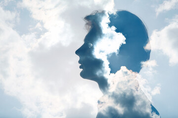 Psychology and man mental health contemplation and atmosphere pressure concept. Multiple exposure...