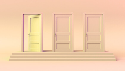Set of doors closed on steps with one open. 3D illustration. Minimal. Modern.