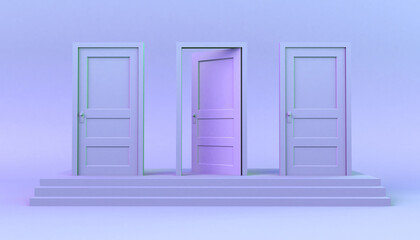 Set of doors closed on steps with one open. 3D illustration. Minimal. Modern.
