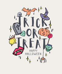 Vector icon and element collection for Helloween greeting card and poster, party sign. Concept illustration with Sign and symbol. Flat design cartoon