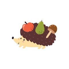 Cute hedgehog carrying fruits. Funny forest character with apple, pear and mushroom isolated element. Fall woodland clipart for kids. Vector illustration