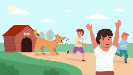 Kids run away from dog. Children fears. Cartoon boys terrified. Chain animal barks at scared young people. Village yard with pets booth. Outdoor activity. Guard in house. Vector concept