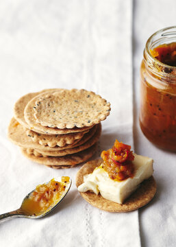 Spiced chutney with homemade crackers and cheese