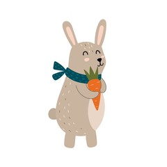 Cute rabbit with a carrot. Funny forest character in a scarf isolated element. Fall woodland clipart for kids. Vector illustration