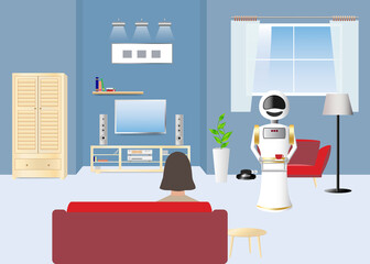 Use of robots in the home concept with woman sitting on the couch in the living room and watching TV