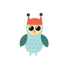 Cute owl in a red hat. Funny forest character isolated element. Autumn or winter woodland clipart for kids. Vector illustration