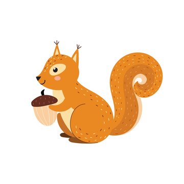recommend clip art: Cute squirrel with an acorn. Funny forest character isolated element. Fall woodland clipart for kids. Vector illustration