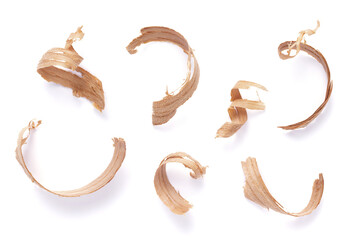 Wood shavings isolated at white background. Wooden shaving on white