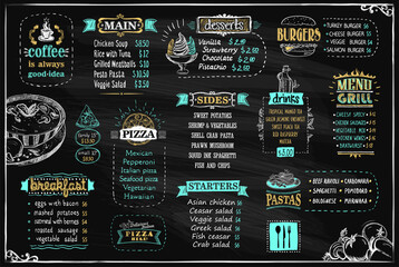 Chalk menu list on a blackboard, vector design template for cafe or restaurant