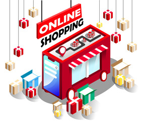 Obraz premium Online shopping 3d banner. Online shopping advertising banner. Shopping online isometric. Online shopping web banner