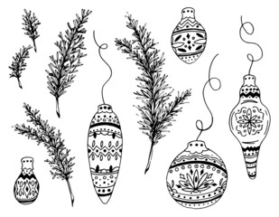 Christmas hand drawn fur tree for xmas design. New year toys and christmas branches. Holly doodle decoration collection. Winter element on isolated white background. Sketch set. Vector illustration.