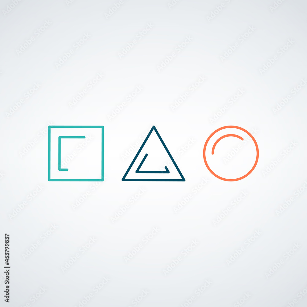 Poster template of simple linear geometrical logo with triangle, square circle in different colors. stock v