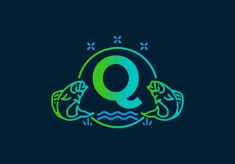 Line art illustration of fish frame with initial letter