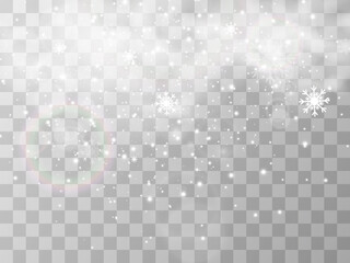 Vector illustration of flying snow on a transparent background.Natural phenomenon of snowfall or blizzard.	
