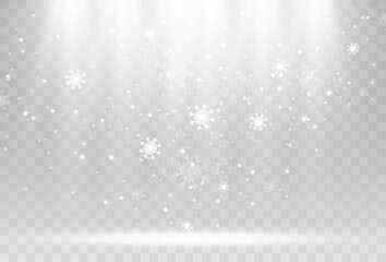 Vector illustration of flying snow on a transparent background.Natural phenomenon of snowfall or blizzard.	
