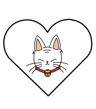cute cat with a bell in the heart, vector image of a cat