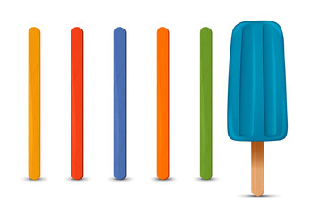 Set of realistic popsicle sticks. Blue ice cream 3D. Vector illustration, summer season.