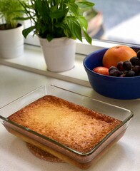 Homemade cheese cake in a glass form. Baking at home