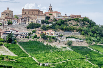 The medieval village of La Morra, surrounded by its Nebbiolo's vineyards. Hilly region of Langhe (Piedmont, Northern Italy), UNESCO site since 2014, during summer season