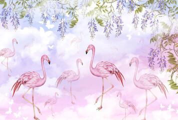 Mural for the walls. Photo wallpaper with flamingos. Tropical pattern with pink flamingos.