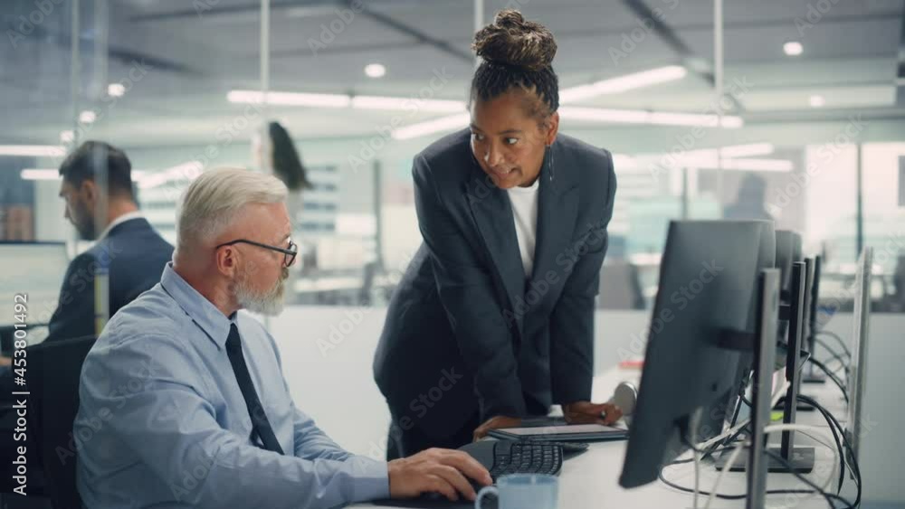 Poster Senior Manager Talking to Experienced Confident Businessman while Using Computer in Modern Office. Colleagues Discuss Commercial, Financial and Marketing Projects. Specialists Work in Diverse Team.