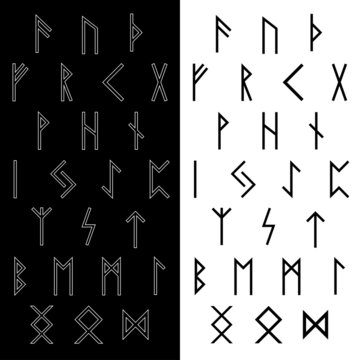 Set of Scandinavian runes. Runic alphabet - Elder Futhark. Viking runes. Esoteric, witchcraft. Line art. Isolated symbols on black, white background. Vector illustration