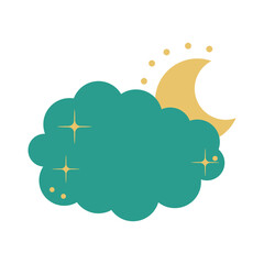 Blue cloud and yellow moon on a white background. Cute print for T-shirts, decorative pillows. Weather forecast for apps and sites. 