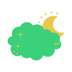 Blue cloud and yellow moon on a white background. Cute print for T-shirts, decorative pillows. Weather forecast for apps and sites. Vector.