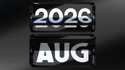 Modern flip calendar turning through years - from 2021 to 2031, and months of a year - 3D 4k animation (3840x2160 px).