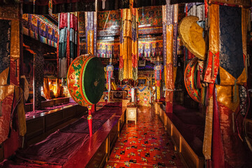 Inside Spituk Gompa Tibetan Buddhist monastery. Ladakh, India