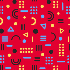 Memphis style seamless pattern. Geometric elements of black, blue, yellow on a red background. Vector illustration.