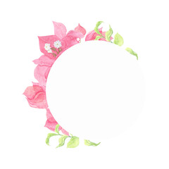 Round watercolor frame with pink bougainvillea flowers.