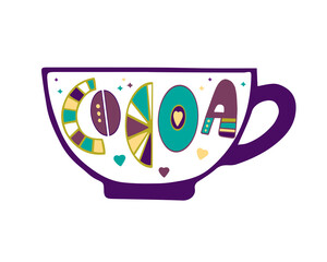 Vector illustration of lettering cocoa in a cup on a white background. Unique handwritten lettering. 