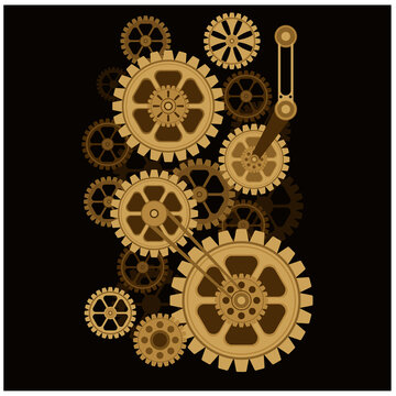 Vector background in the steampunk style of gears and mechanisms on a black background.