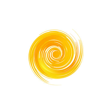Spiral, swirl, sun logo.Paint brush texture symbol isolated on light fund.Bright yellow circle icon.Celebration, bright light shape.Playful sign concept.Artistic style vector illustration.	