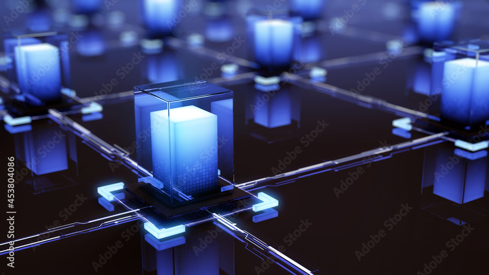 Poster block chain concept - network connections . 3d rendering