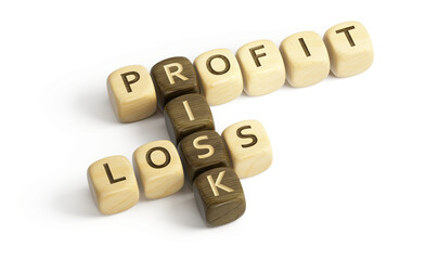 Profit, Loss and Risk concept. Profit, Loss, Risk wooden cubes crossword - 3d rendering
