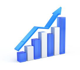 Statistic, growth concept. Bar chart and arrow isolated on white background - 3d rendering