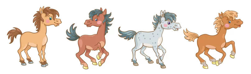 Muurstickers Aap Set van vier grappige paardjes in verschillende poses en kleuren. Banner in cartoon-stijl. Geïsoleerd op een witte achtergrond. Vector illustratie.