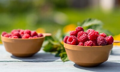 Ribbon still life, fresh raspberries in a mug on a rustic garden background, close-up, horizontal photo