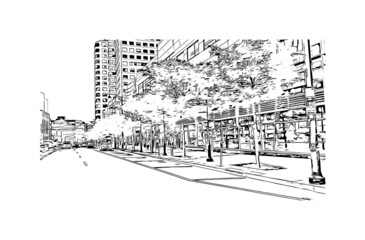 Building view with landmark of Hartford is the capital of Connecticut. Hand drawn sketch illustration in vector.