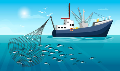 Seiner hunting fish. Concept of industry ship in working process. Horizon with clouds and sun in the background. Vector graphic illustration