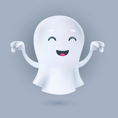 Cute cartoon flying ghost in a frightening pose. Friendly phantom icon. Smiling 3D character with raised hands. Vector illustration of a soul in a white textile cloth isolated on a light background