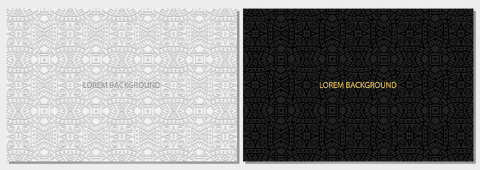 Creative black and white banners, cover design set, horizontal vector templates. Geometric volumetric convex ethnic 3D pattern. Unique oriental, Indonesian, Mexican, Aztec motives.