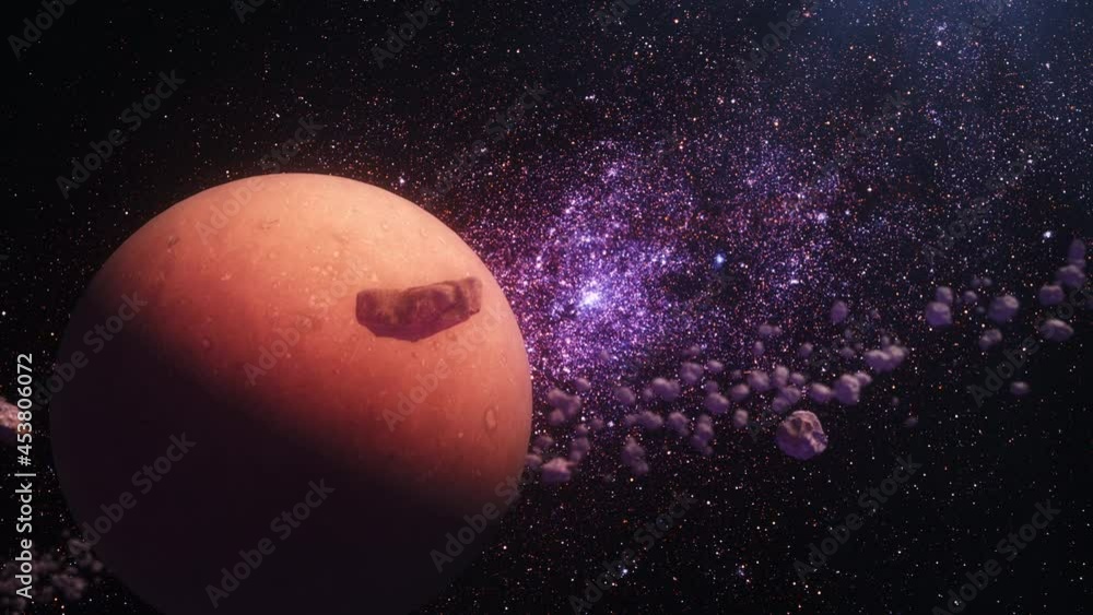 Poster abstract outer space view brown red alien planet rotating in the outer space scene. 4k traveling to 